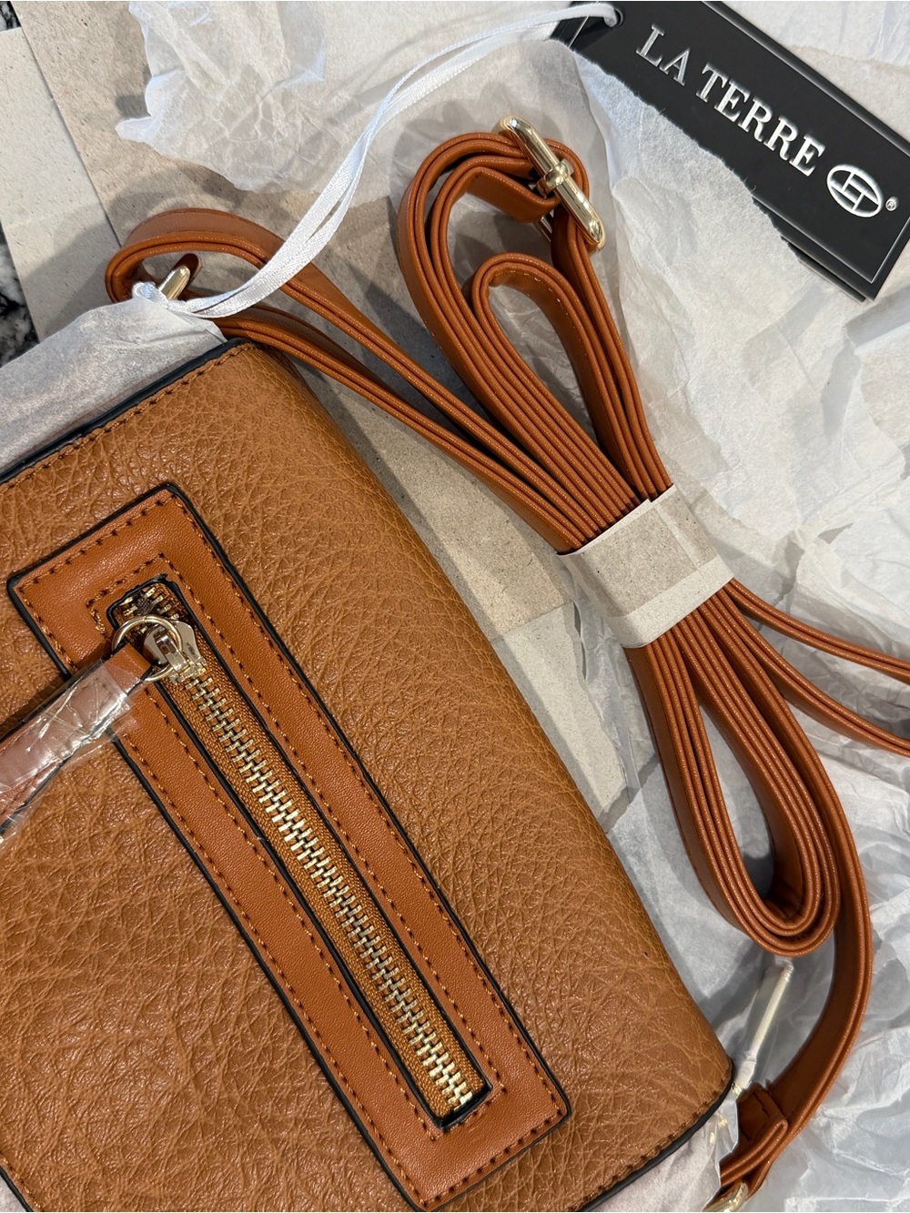 Women's Cognac Leather-Texture Crossbody Bag with Front Zip Accent